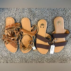 Women's Brown Strappy Sandals - Tan/Brown Slide & Lace-Up Set